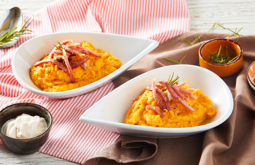 Purè di patate americane con panna senza lattosio e speck croccante